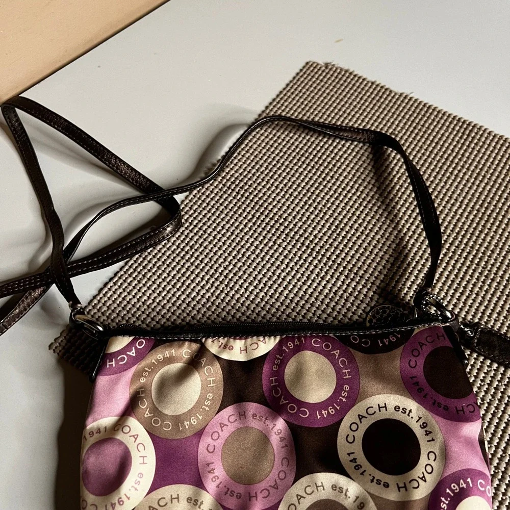 Coach Purple Brown Op Art Circle Satin Crossbody Bag Metallic Bronze Trim